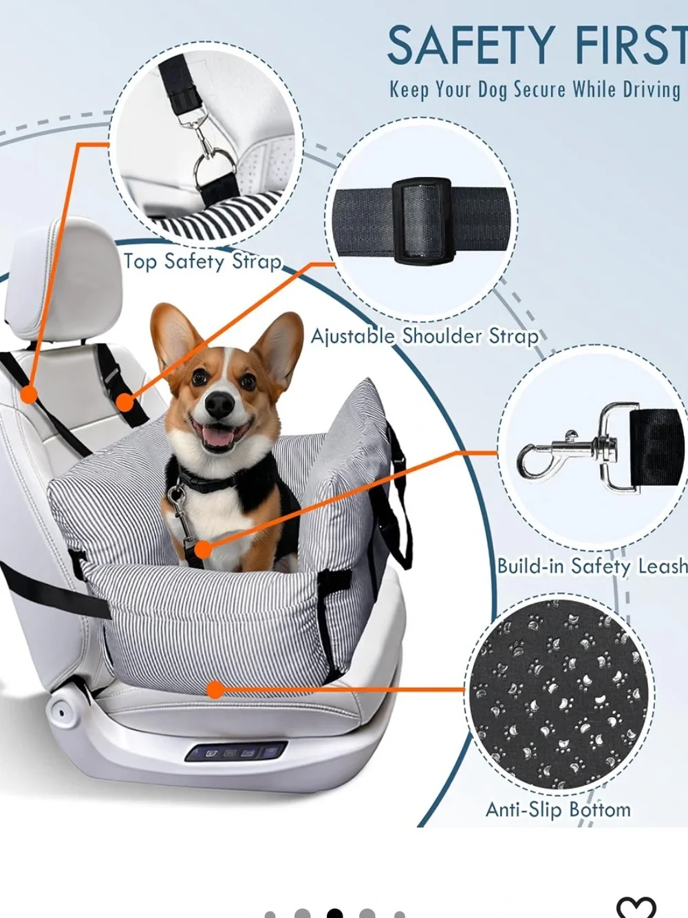 Elevated Dog Car Seat for Small/Medium Dog w/ Safety Belt, Non-Slip Base NEW